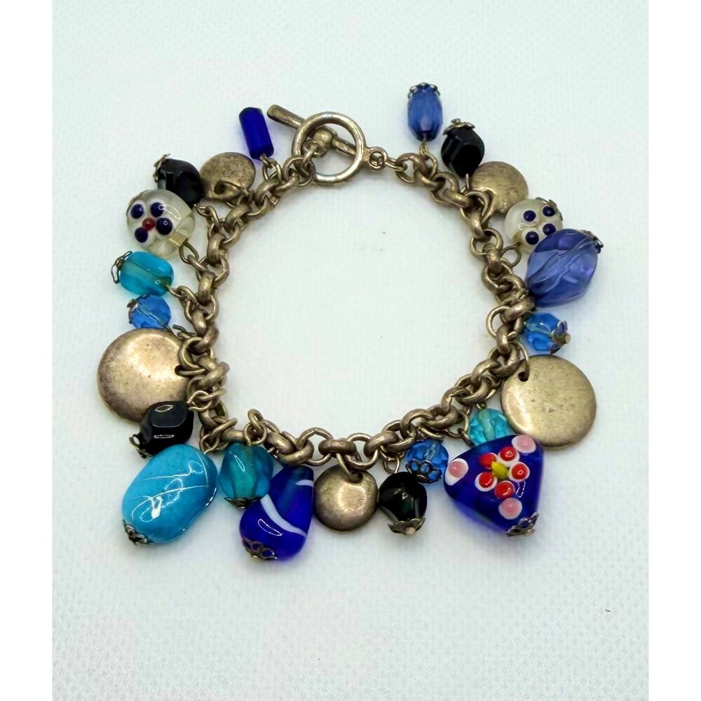 Vintage Multi-Color Lampwork Glass and Metal Charm Bracelet with Toggle Clasp